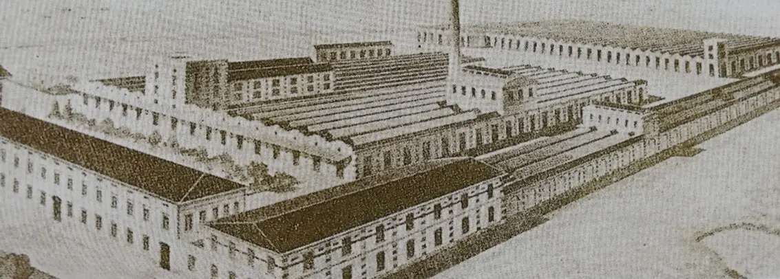 Il complesso industriale Bellora in un'incisione d'epoca, coi capannoni e le ciminiere
